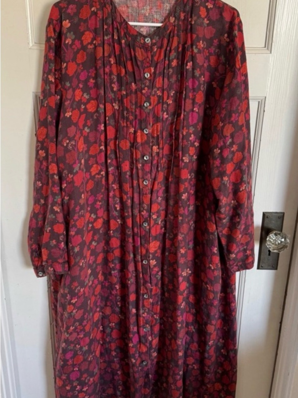 Women's organic linen Long Button-Front Floral Dress in Red tones XXL in sizing